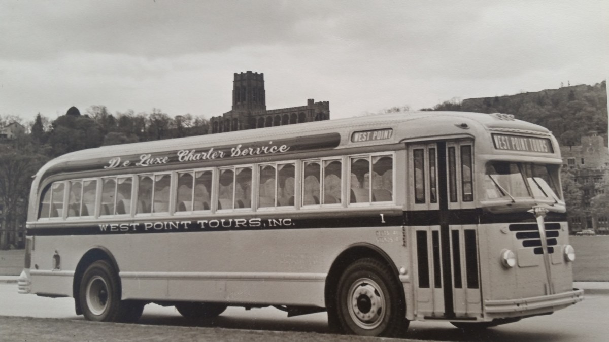 West-Point-Tours-Since-1947 a black and white photo of a bus